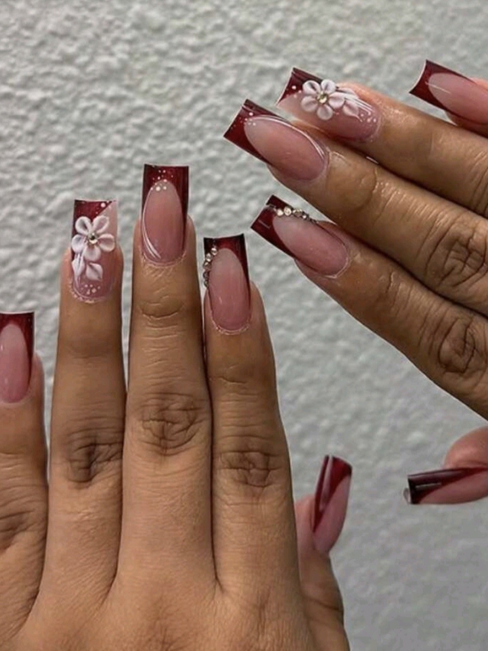 Classic Burgundy French Tip Acrylic Nails with 3D Floral Accent